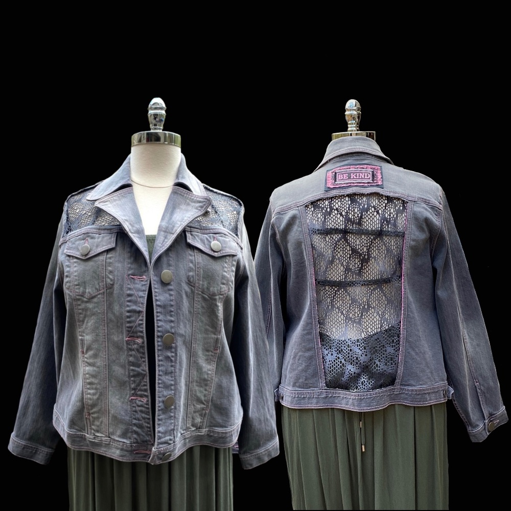 2x or 3x Peek-a-Boo Gray Denim “Be Kind” Jeans Jacket OOAK!